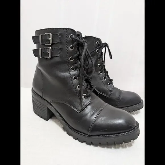 Steve Madden Vegan Leather Boot 10 Black Chunky Heel Combat Y2K Grunge Goth Punk - Picture 7 of 9
